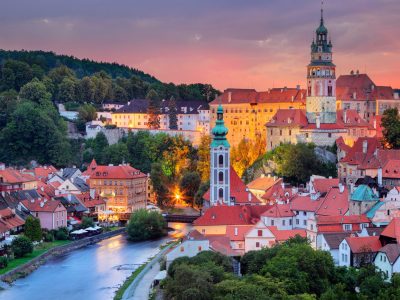 Cesky Krumlov. Aerial cityscape image of Cesky Krumlov, Czech Republic during summer sunset.